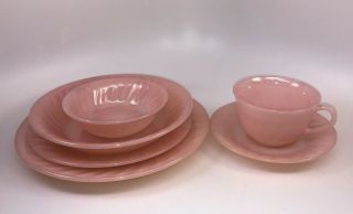 Vintage Dish Set Pink Swirl Fire King Place Setting/white Bottom W/soup Bowl 6pc