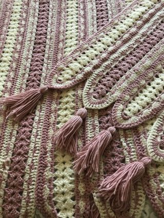 Vintage Crochet Afghan Blanket Handmade Pink Mauve Cream Striped 53” X 75 (87)