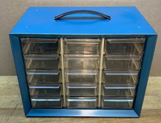 Vintage 15 Drawer Akro Mils Blue Metal Small Parts Storage Organizer 2