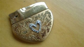 Vintage 1950s.  Hart Shaped Gold Electroplated Lighter Decorated With Rhine Stone