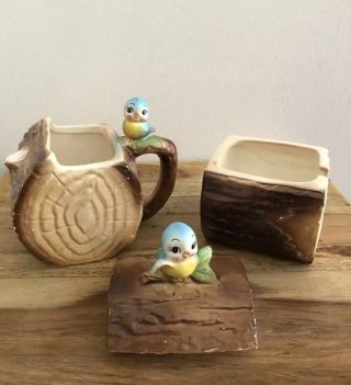 Vintage Norcrest Bluebirds On Logs Sugar Bowl And Creamer Ceramic Made In Japan