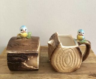 Vintage Norcrest Bluebirds On Logs Sugar Bowl And Creamer Ceramic Made In Japan 2