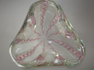 VTG Venetian Murano Art Glass Bowl Pink White Gold Ribbon Lace Latticino 3