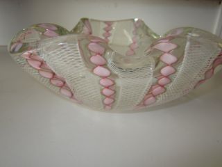 VTG Venetian Murano Art Glass Bowl Pink White Gold Ribbon Lace Latticino 4