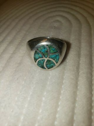 Mens Vintage Crushed Chip Inlay Turquoise And Sterling Silver Ring Size 10 1/2
