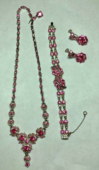 Vintage Bogoff Art Deco Pink & White Rhinestone Necklace,  Bracelet And Earrings