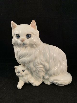 Vintage White Ceramic Cat And Kitten Flower Planter