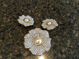 Vintage Signed S.  A.  L.  Art Deco Faux Pearl/rhinestone Art Deco Brooch And Ear Rin
