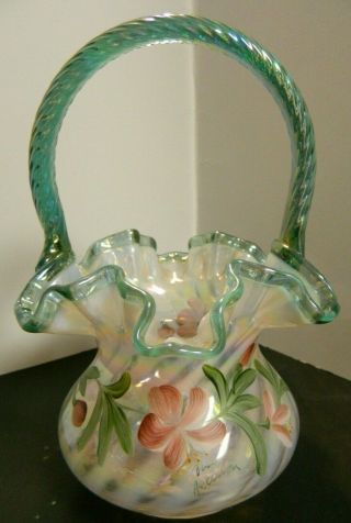 Vintage Hand Painted Azalea Fenton 90th Anniversary Glass Basket Cond