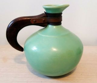 Vintage Bauer Pottery Jade Green Pitcher Wood handle 2