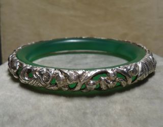 Vintage Asian Sterling Silver Overlay Repousse Jade Bangle Bracelet W/ Fish