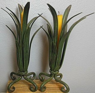 Vintage Metal Set Of 2 Green Palm Frond Candle Holders 12 "