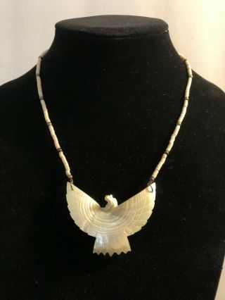 Vintage Native American Shell Hand Carved Mother Of Pearl Eagle Necklace