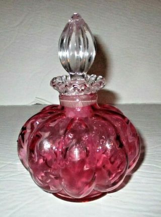 Vintage Fenton Cranberry Diamond Optic Perfume Bottle Melon Art Glass Vanity