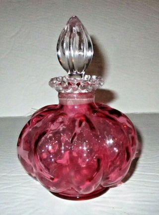 Vintage Fenton Cranberry Diamond Optic Perfume Bottle Melon Art Glass Vanity 2