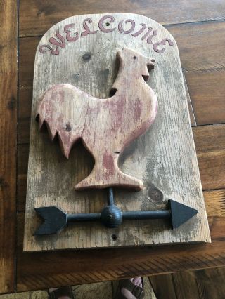 Vintage Rooster Welcome Sign Wooden Hand Painted Wall Hanging 18” X 11”