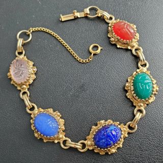 Vintage Egyptian Revival Scarab Bracelet Carnelian Lapis Jade Glass Gold Tn T47