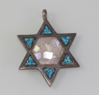 Vintage Sterling Pendant Star Of David Zion Torah Crushed Turquoise Mother Pearl