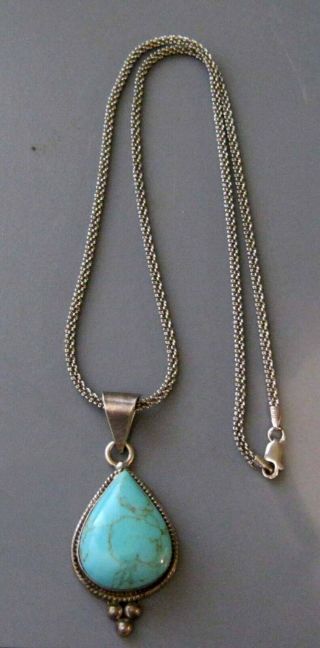Vintage Sterling Silver Large Turquoise Pendant On Chain/mexico