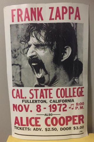 Frank Zappa & Alice Cooper Orig Vtg 1972 Ca Silk Screen Concert Poster 14x22