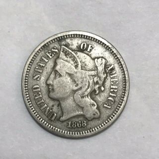 1868 Three Cent Nickel Piece Vintage Us Copper Coin