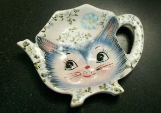 Vintage Lefton Miss Priss Blue Kitten Cat Pink Nose Tea Bag Teabag Holder