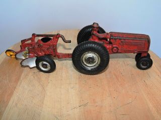 Vintage Arcade Cast Iron Oliver Toy Farm Tractor & 2 Bottom Plow Implement 5 "