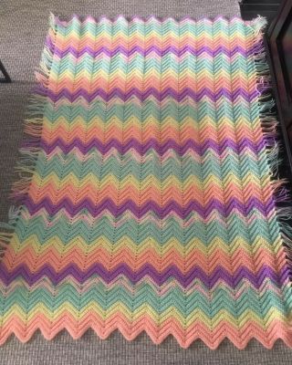 Vintage Rainbow Colored Chevron Crocheted Afghan Pastel 62” X 48”