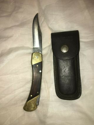 Vintage Schrade Lb7 Folding Knife With Wooden Handle And Leather Sheath