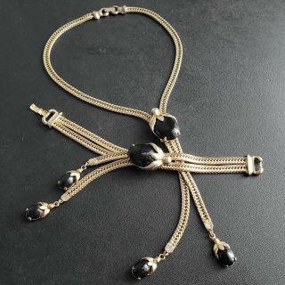Vintage Gold Tone Chain Dangle Black Onyx Glass Necklace & Bracelet Set S116