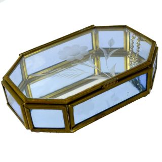 Vintage Brass Flower Blue Etched Glass Mirror Curio Jewelry Display Case Box