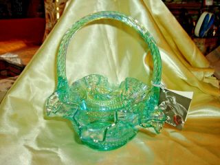 Vintage Fenton Opalescent Blue Glass Ribbon Basket Bowl Dish By Dave Vincent