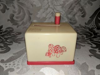 Vintage Red & Cream Plastic Toothpick Dispenser Holder Mushrooms Design