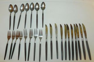 Vtg 26 Pc.  Ekco Eterna Canoe Muffin Spoons Forks Knives Brown Handle Mid Century