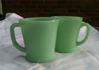 Vintage Fire King Jadeite Set Of 2,  D Handle Thick Heavy Coffee Mugs