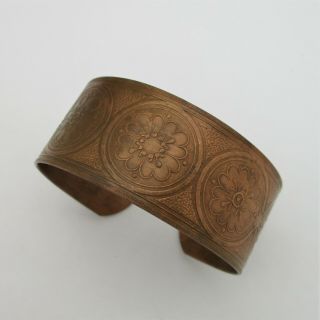 Wide Vintage Estate Solid Copper Southwest Stamped Cuff Bracelet Flower Boho