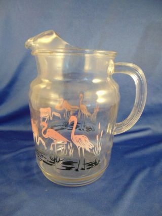 Vintage Glass Half Gallon Pitcher Pink Flamingos Ice Tea Lemondate Summertime