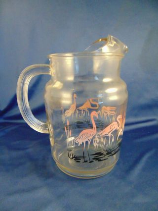 Vintage glass half gallon pitcher pink flamingos ice tea lemondate summertime 4