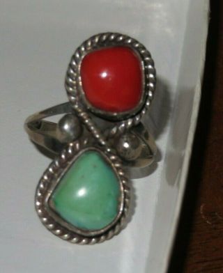 Vintage Sterling Silver Turquoise Coral Ring Jewelry Size 7 3/4 (bb155)