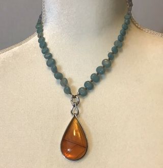 Vintage Monet Turquoise And Amber Colored Beads Pendant 16” Necklace