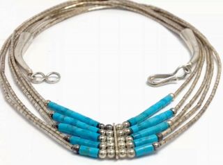 Vintage Southwest 17 " (5) Strand Liquid Sterling Silver Turquoise Necklace (e1)