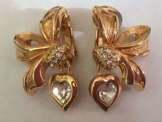 Vintage Christian Dior Gold Tone Ladies Bow Heart Clip On Earrings Faux Diamonds