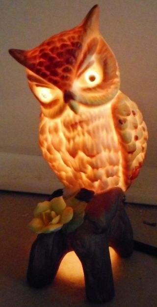 Vintage Ceramic Owl Perched On Branch Lamp Night Light