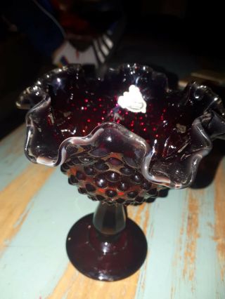 Fenton Hobnail Red Glass Compote - Vintage Fenton Art Glass - Ruby Candy Dish Wi