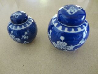 Two Vintage Chinese Prunus Ginger Jars With Double Blue Rings On Bases