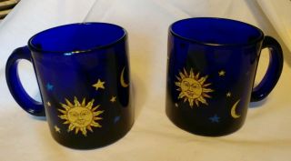 2 Vintage Libbey Cobalt Blue Celestial Sun,  Moon & Stars Mugs