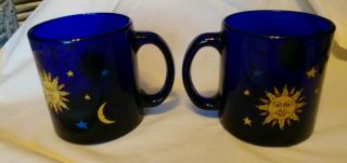2 Vintage Libbey Cobalt Blue Celestial Sun,  Moon & Stars Mugs 2