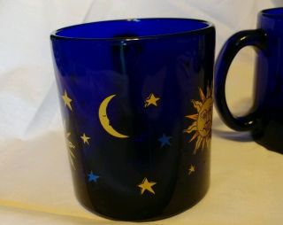 2 Vintage Libbey Cobalt Blue Celestial Sun,  Moon & Stars Mugs 3