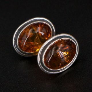 Vtg Sterling Silver - Baltic Amber Stone Tapered Post Earrings - 4.  5g