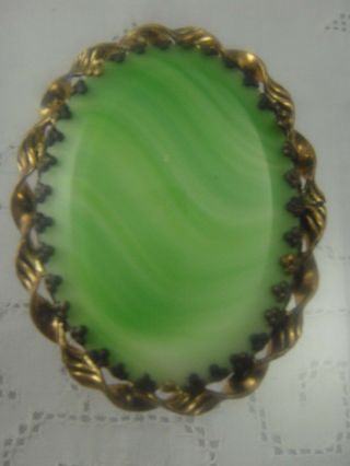 Vintage West Germany Art Glass Green Swirl Oval Twisted Frame Pin Brooch